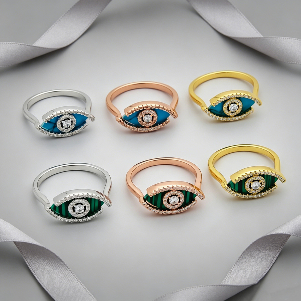 Designer Mei Marque Bague Mauvais Oeil Ouvert Bague Réglable Femmes Malachite Turquoise Incrusté Zircon 3 Tons Métal Chanceux Doigt Bijoux Cadeau