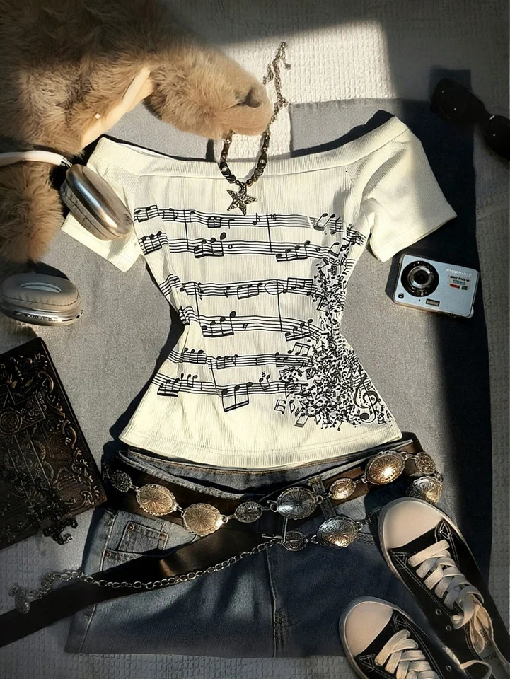 Womens Retro Off-Shoulder Long-Sleeved Slim-Fit T-Shirt Adorned With Musical Note Print Fashionable Y2K Retro Style High-Qu 260728