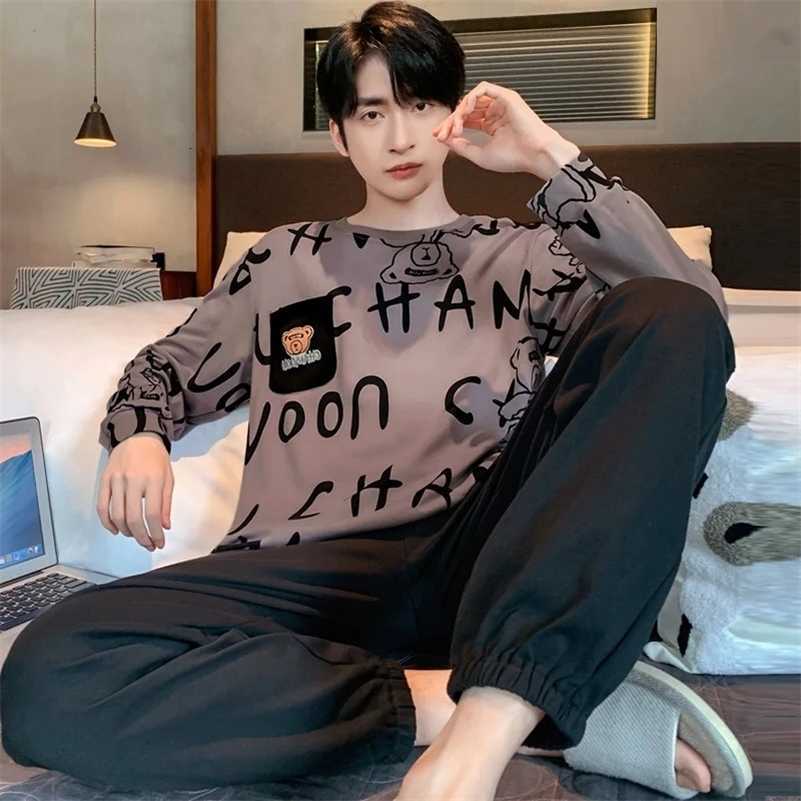 Piece Two Plus Size Men Pajamas Long Slve Loose Breathable Cartoon Bear Striped Letters Black Crew Neck Loungewear Set pj250827 S260924GIIL