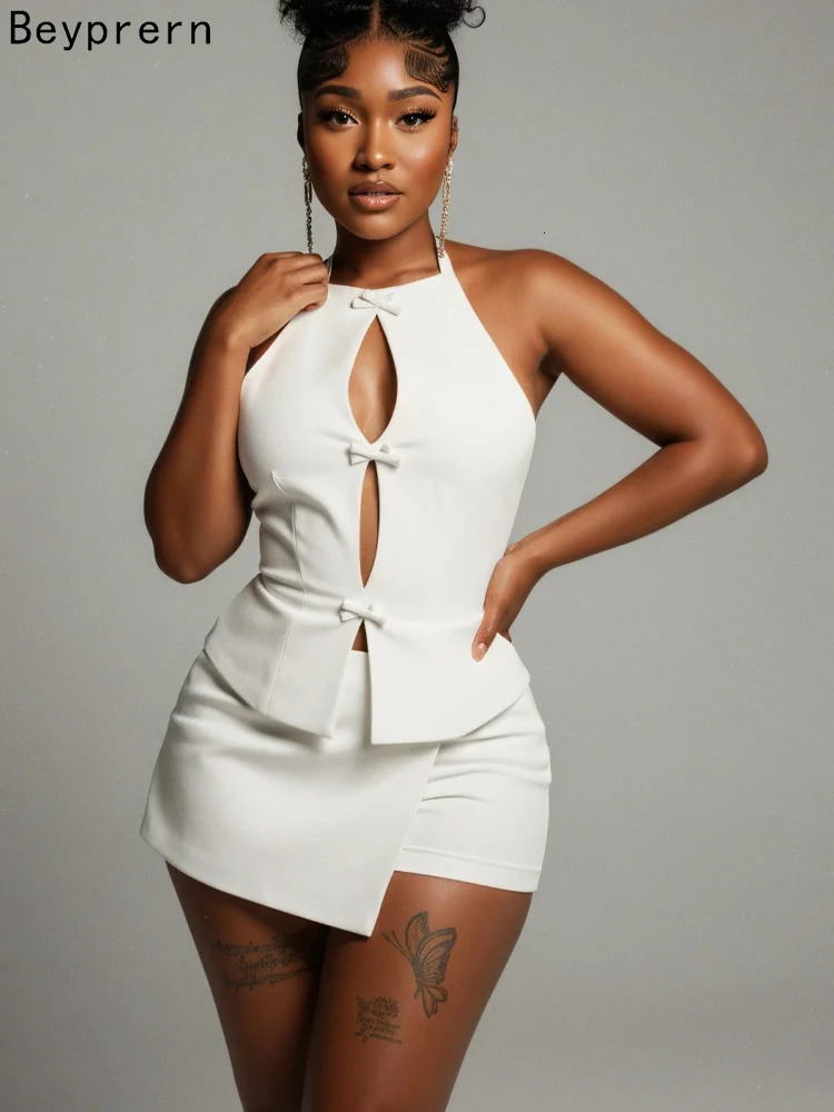 Beyprern Sexy Womens White Halter Two Piece Set Ladies Bow Front Cutout Crop Top Asymmetrical Mini Skirt Suit Clubwear 260727BJ