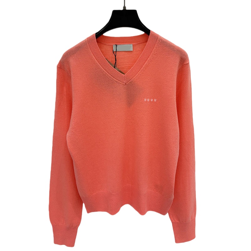 Designer Women Simple Knit Sweater Luxury V Neck Slim Fit Sweater Pullover Autumn Orange Street Style Casual Sweater