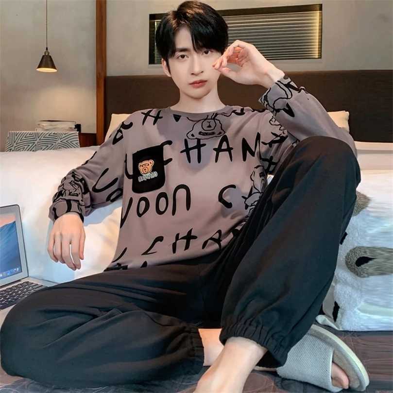 Piece Two Plus Size Men Pajamas Long Slve Loose Breathable Cartoon Bear Striped Letters Black Crew Neck Loungewear Set pj250904 S260924JV9F