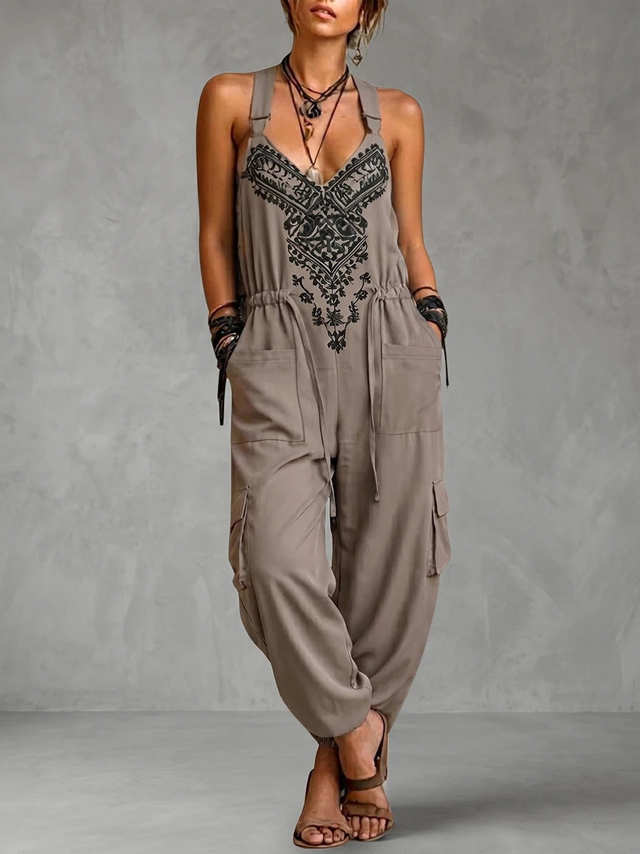 Women Boho Printed Halter Jumpsuit Sleeveless Drawstring Waist Multi Pocket Cargo Loose Summer Casual Outfits Womens Jumpsuit 260727BJ
