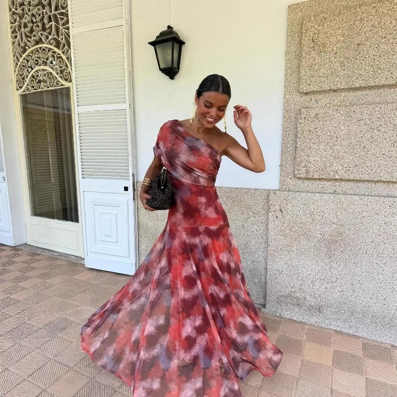 Elegant One Shoulder Sheath Sheer Long Dress Women Fashion Temperament Slim Party Dress Sexy Strapless Solid Color Maxi Dresses 260728BJ