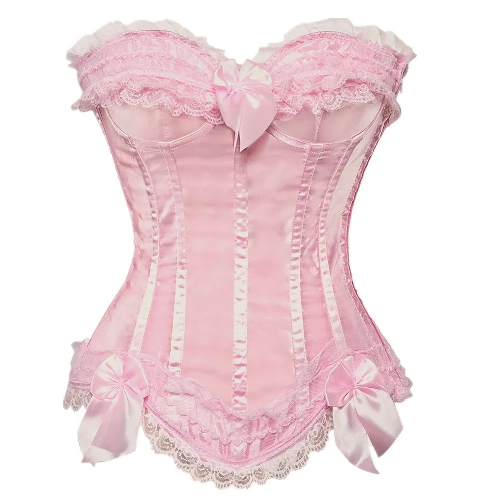 Sexy Lace Overbust Corset Top Women Vintage Satin Bow Bustier Lingerie With Zipper Plus Size Body Shaper Burlesque Corsets 260727BJ