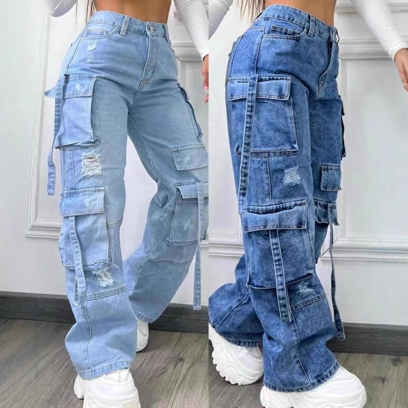 Jeans da donna ONE TO WAN Pantaloni in denim da donna Tinta unita alla moda Pantaloni multitasche versatili Pantaloni casual da donna di grandi dime