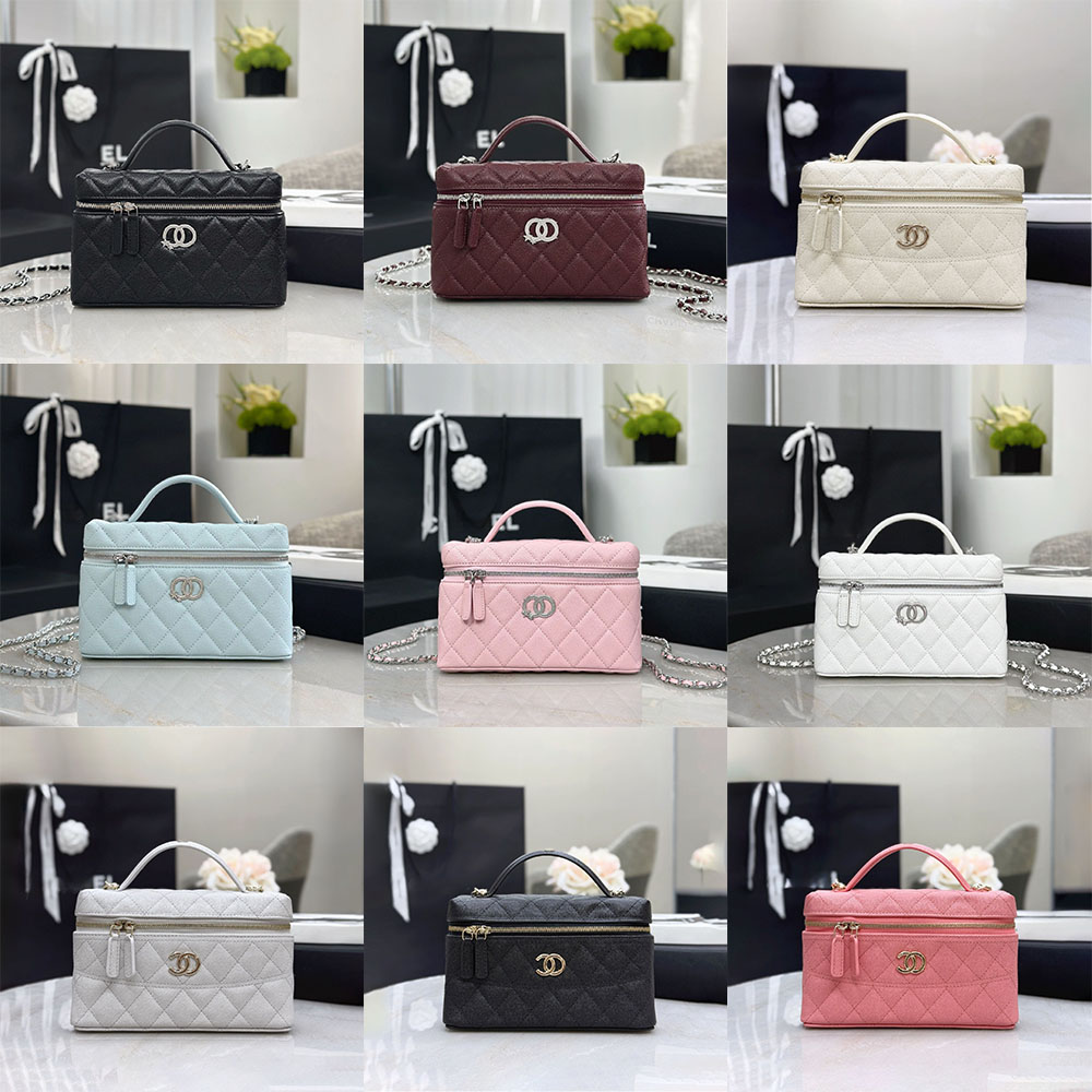 Pink Vanity bag Designer Caviar Grain Diamond Quilted Cosmetic Box Bag Top Handle Zipper Handbag Removable Chain Crossbody Purse Fashion Women Luxur