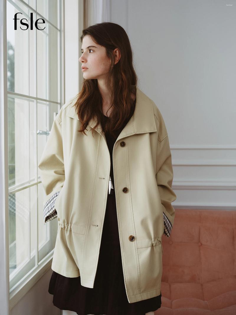 Women's Trench Coats FSLE Autumn 2026 Lyocell Coat Contrast Trim Drawstring Waist Adjustable Fit Office Chic Outerwear c0