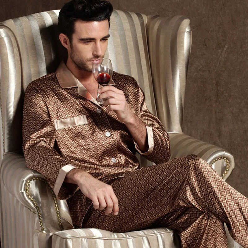 Quty High Pajamas Set Men Spring Autumn Thin Polyester Ice Silk Long-slved Slpwear Plus Size Summer Home Clothes Male S260924Y1BS