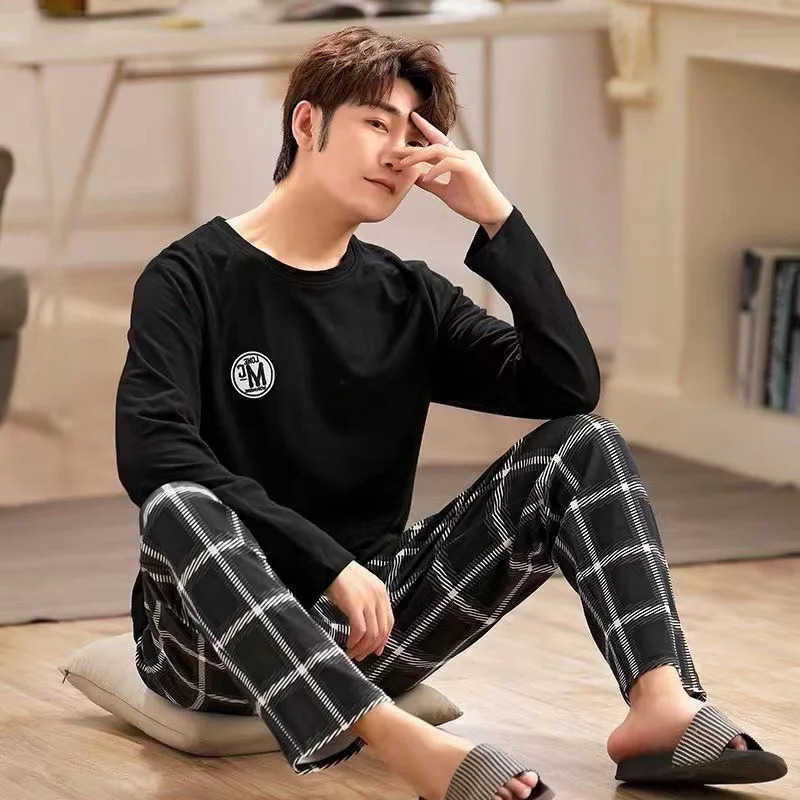 Set 2PCS Mens Black Striped Acetate Pajamas Long Slve Crew Neck Slpwear Basics S260924IO08
