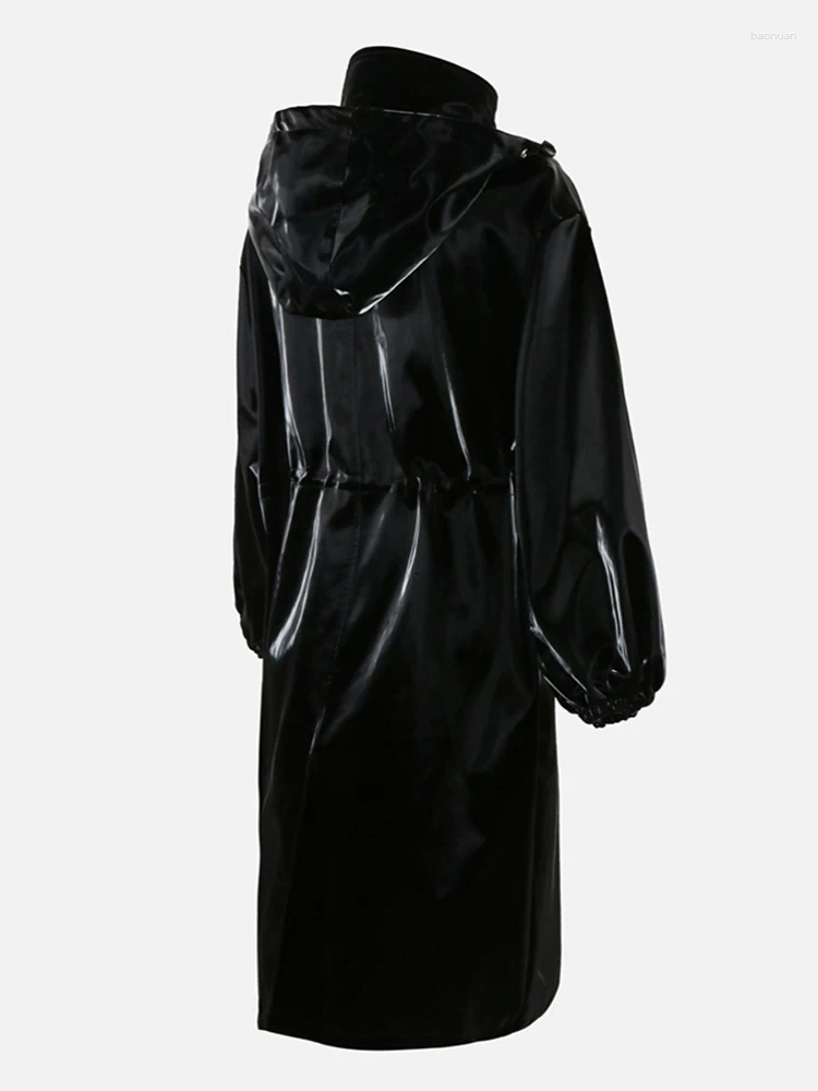 Women's Leather Mauroicardi Spring Black Long Waterproof Shiny Reflective PVC Faux Coat For Women With Detachable Hood Y2K Streetwear 1c