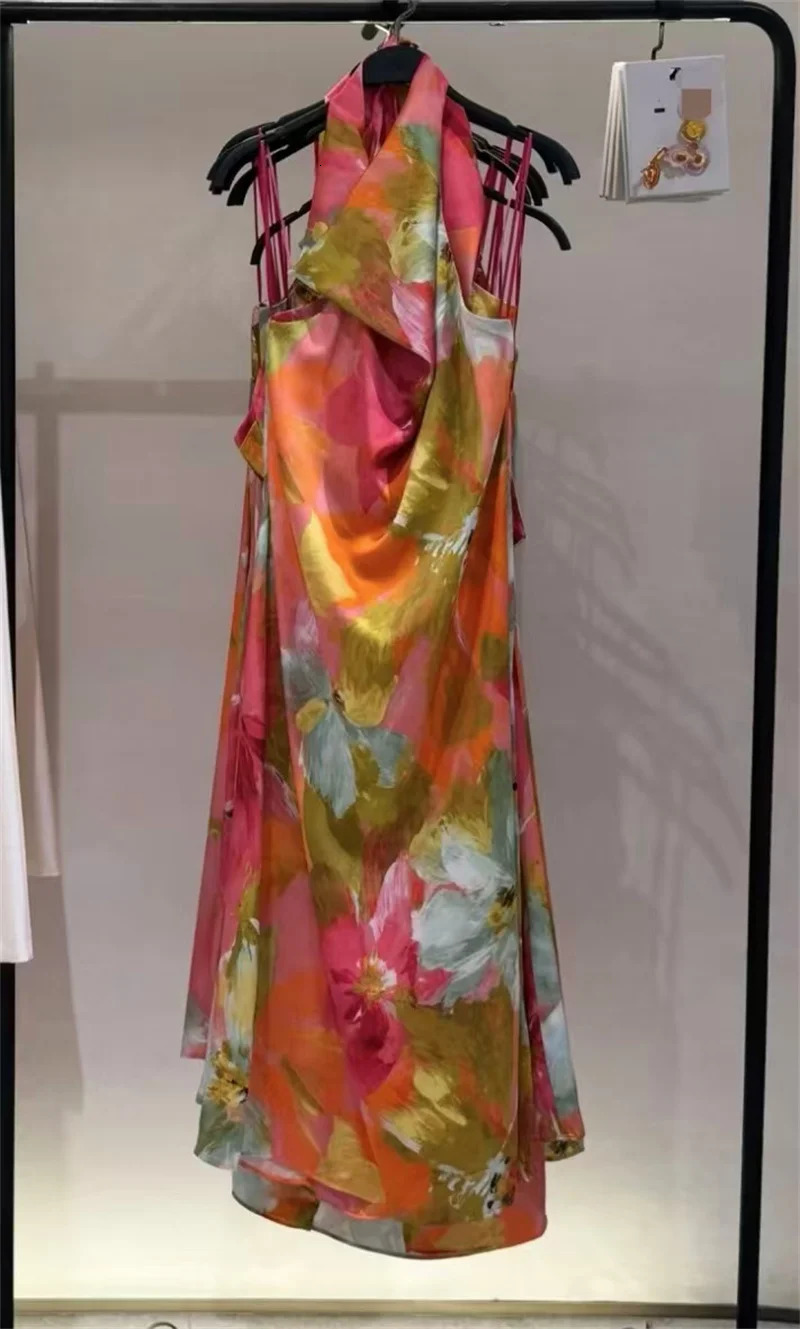2026 Summer Style Womens Dress Printed Halter Neck Satin Texture Long Dress Beach Vacation Elegant and Graceful 260728BJ