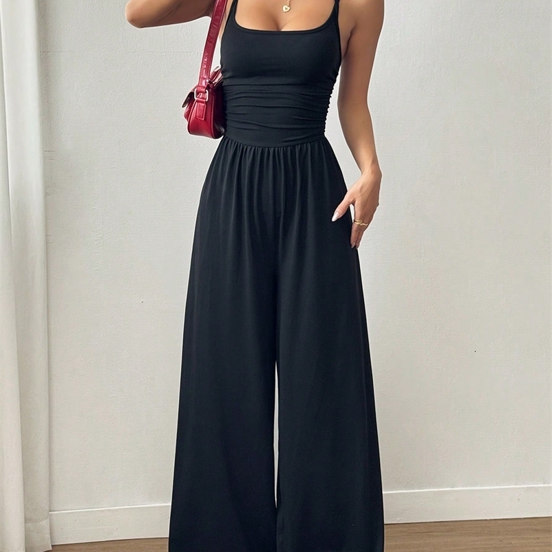 Womens Casual Solid Color Pleating Loose Straight Jumpsuit A-line Backless Halter Neck Slim Cami Jumpsuit Streetwear 260727BJ