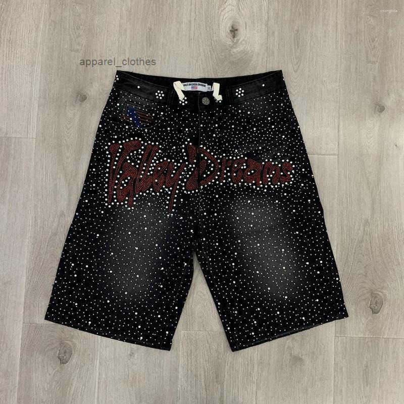 Mens Shorts Full Rhinestone Shinning Black Baggy Jeans For Men Letter Embroidery Brilliant Diamond Loose Denim Knee Length Pants