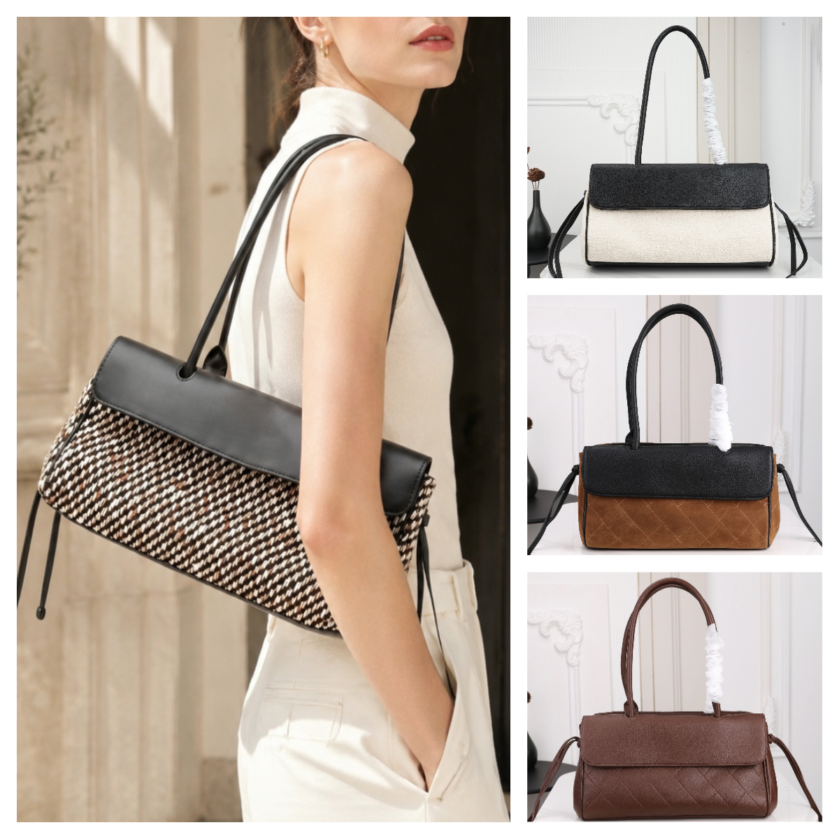 Deaigner Bag 26S Baguette Bag Tweed Leather Splicing Long Underarm Bag Vintage Elegant Women's Shoulder Handbag Suede Spliced Grain Leather Fla