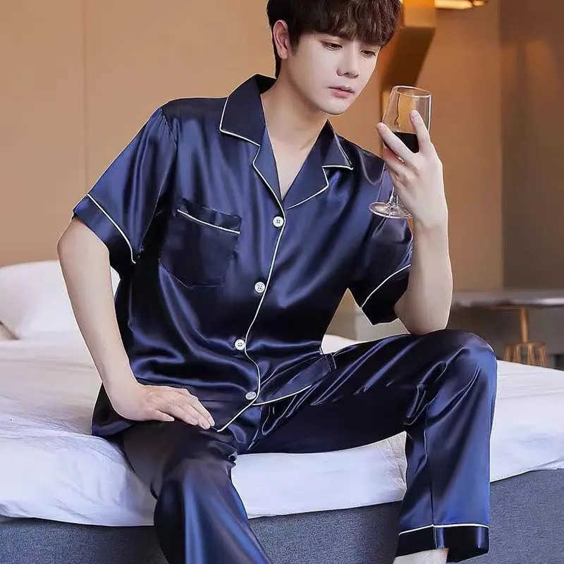 Silk Ice Pajamas Mens Summer Short-Slved Trousers Thin Simulated Silk Plus-Size Loose Loungewear Two-Piece Set S2609244HEH