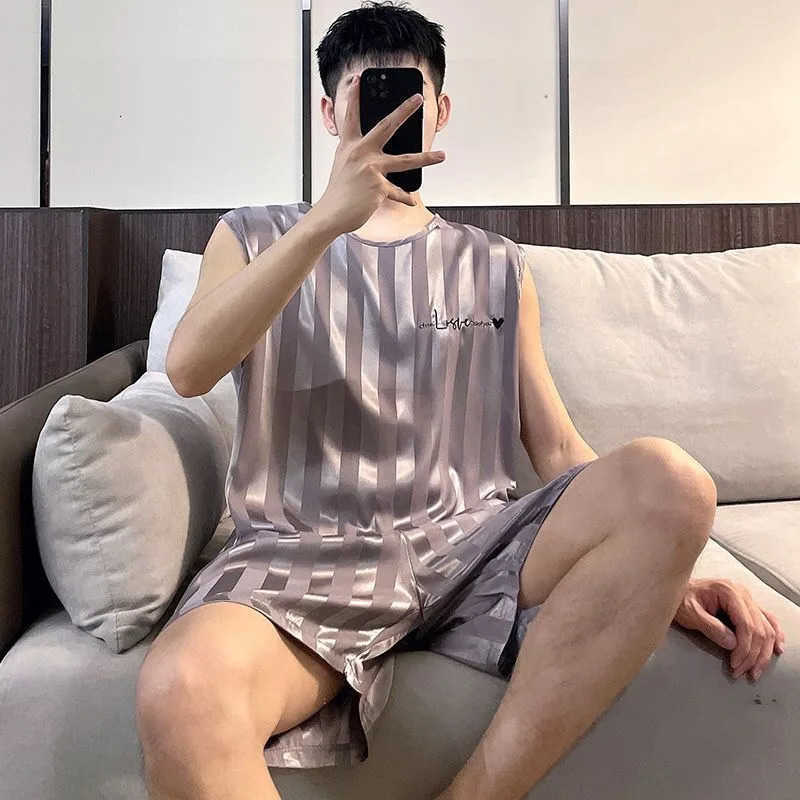 Size Plus Men Ice Silk Pajamas Homewear and Pants Youth Slpwear Loungewear Two Piece Set Striped Casual Nightwear 260525 S260924IEMU