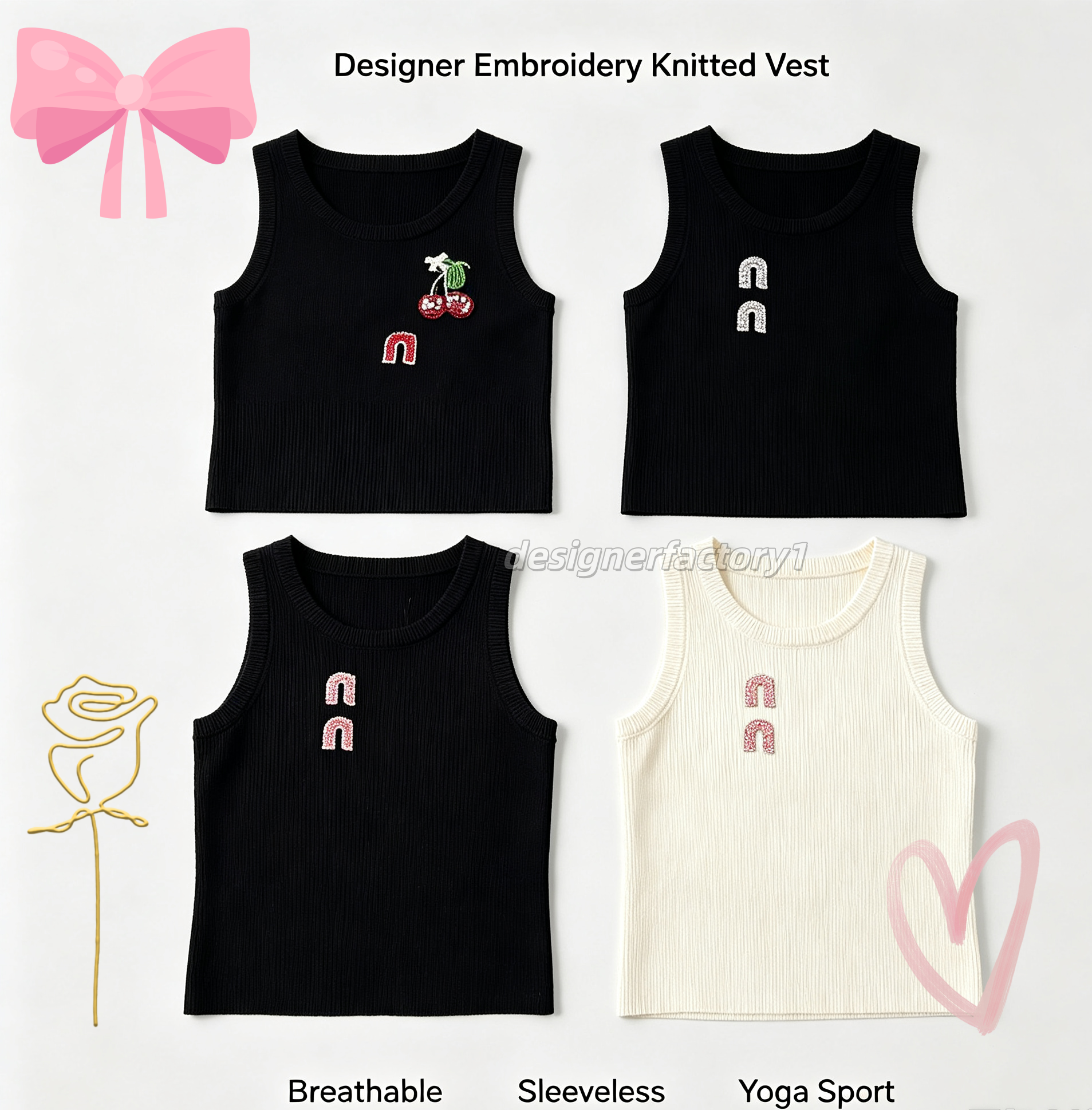 Women Designer Embroidery Knitted Sleeveless Vest, Breathable Yoga Tank Tops, Summer Sport Workout Wet Look Tank T Shirt