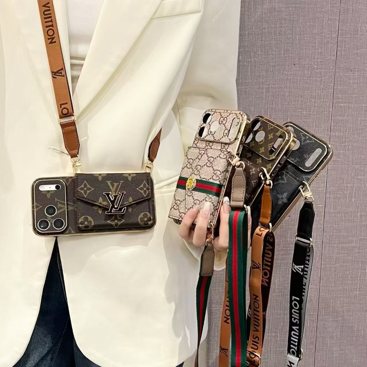 designer iPhone Cases 17Pro Max Case Crossbody Shoulder Strap Lanyard Phone Case iPhone 16 Pro Max 15 14 12 13 Mobile Cover Brand Wallet Purse Card