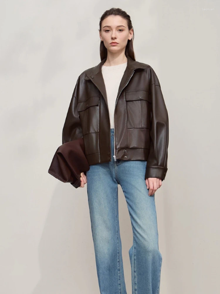 Women's Leather Coat For Woman 2026 Autumn Retro Modern Lapel Jacket Loose Long Sleeve 12543111 e5