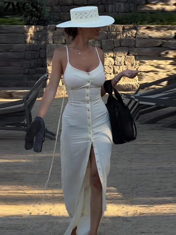 Casual Dresses Slim Single-breasted Spaghetti Strap Women's Sexy V-neck High Split Backless Long Robes 2026 Summer Female Vestidos