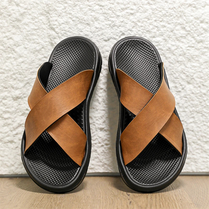 Mens Leather Slippers Comfortable Breathable Summer Big Size Sandals for Men with Soft Sole 260729