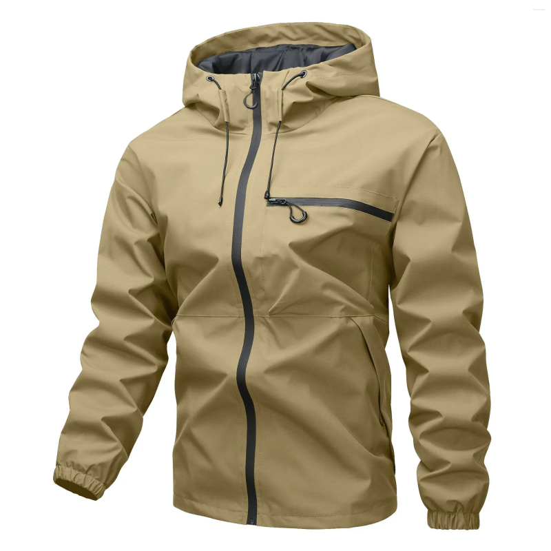 Men's Jackets Men Waterproof Hooded Rain Jacket Windproof Outdoor Hiking Coat Drawstring Adjustable Hood Zipper Pocket Casual Windbreaker b4
