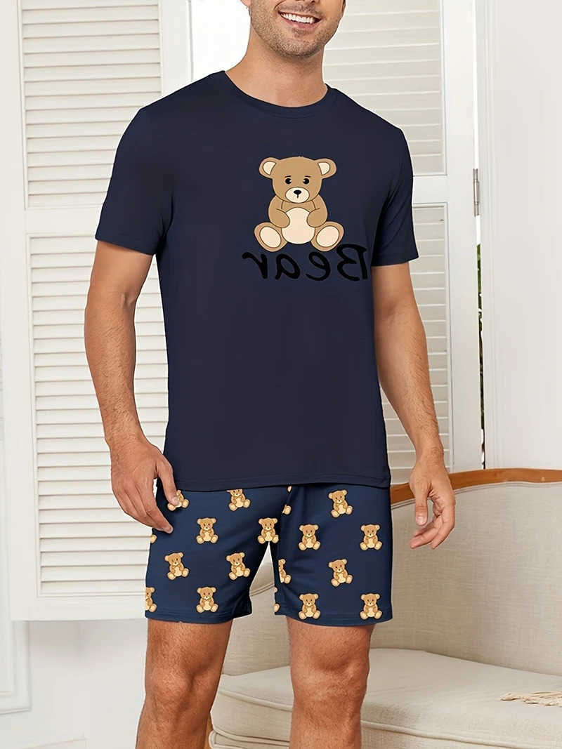 Pigiama con stampa di lettere di orso Set a maniche corte e pantaloncini larghi Tessuto traspirante Taglia grande Vestibilità da uomo Pigiama Slpwea