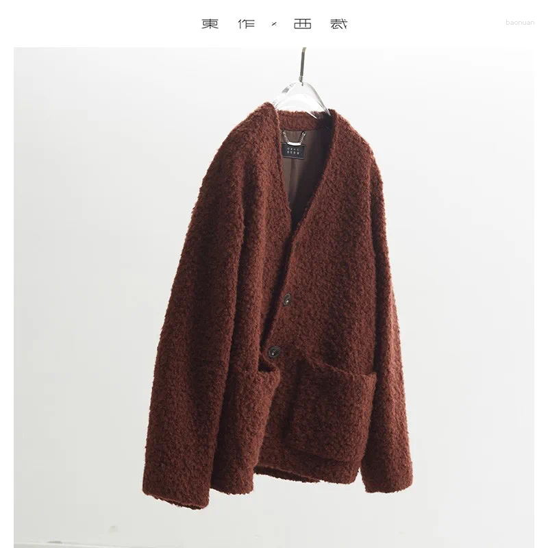 Women's Wool Warm V Neck Woolen Coat With Looped Fabric Autumn And Winter Loose Fitting Top 2d