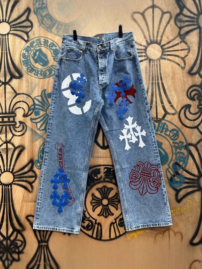 American top-tier printed Hearts cross Designer pants patchwork Sanskrit straight-leg workwear jeans for men and women