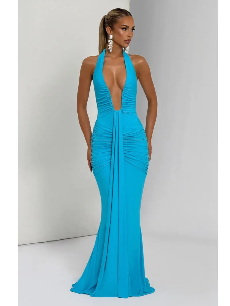 Deep V Neck Draped Ruched Sexy Maxi Dress Women Summer Fashion Halter Sleeveless Backless Club Party Long Dress Elegant BM98 260727BJ