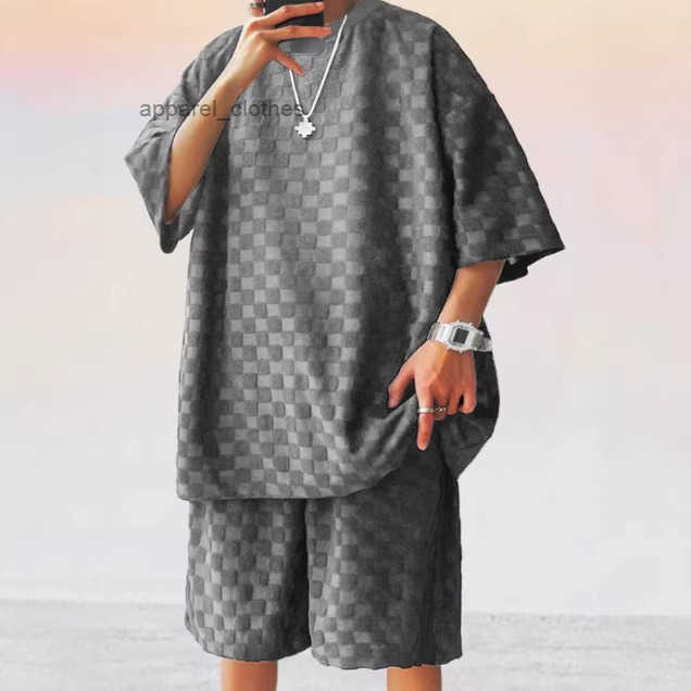 2026 Designer Luxury Brand Summer Mens Jacquard Checkered Short Sleeved T-shirt And Plus Size Straight Leg Casual Shorts Set Best-selling Cross-bord