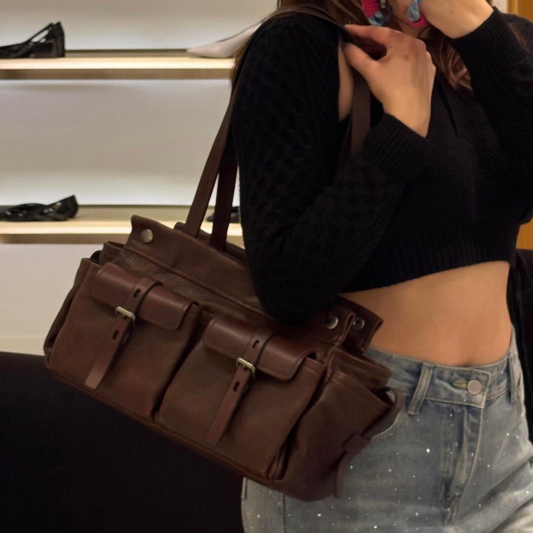 P brand cross-border vintage top-grain tote bag, large-capacity genuine leather handbag, versatile shoulder for commuting, underarm bag
