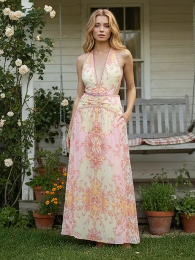 Floral Print Halter Dress Women Chic V-neck Sleeveless Backless Waist-cinching Maxi Dresses 2026 Summer Lady Vacation Robes 260728BJ