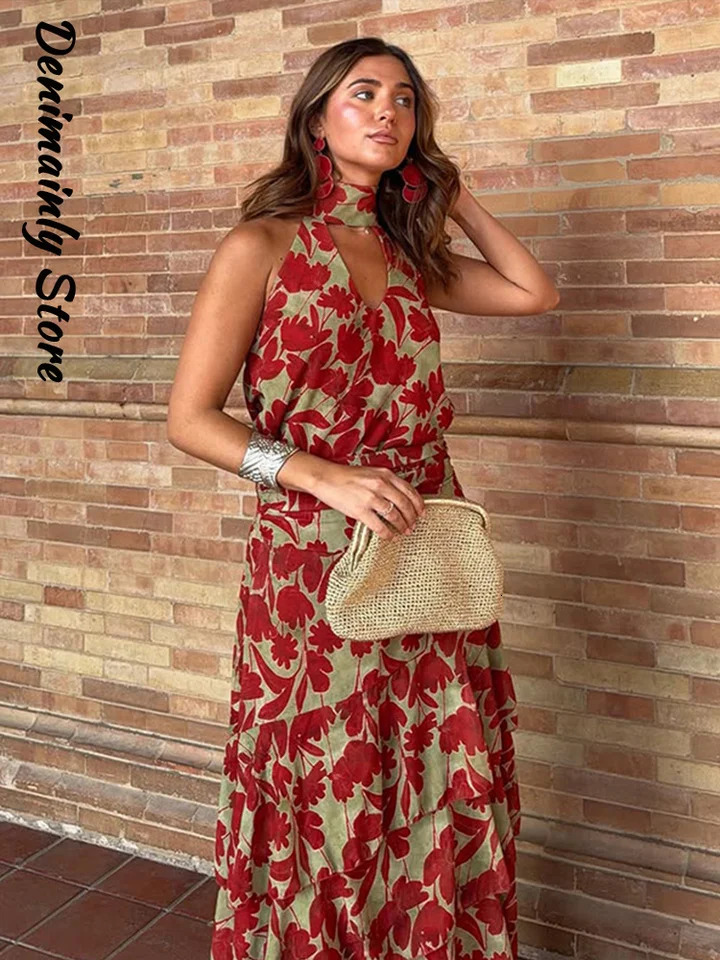 Vintage Printed Halter Womens Dress Sleeveless Slim Backless Ruffle Hollowed Out Long Dresses 2026 Summer Lady Street Robes 260728BJ