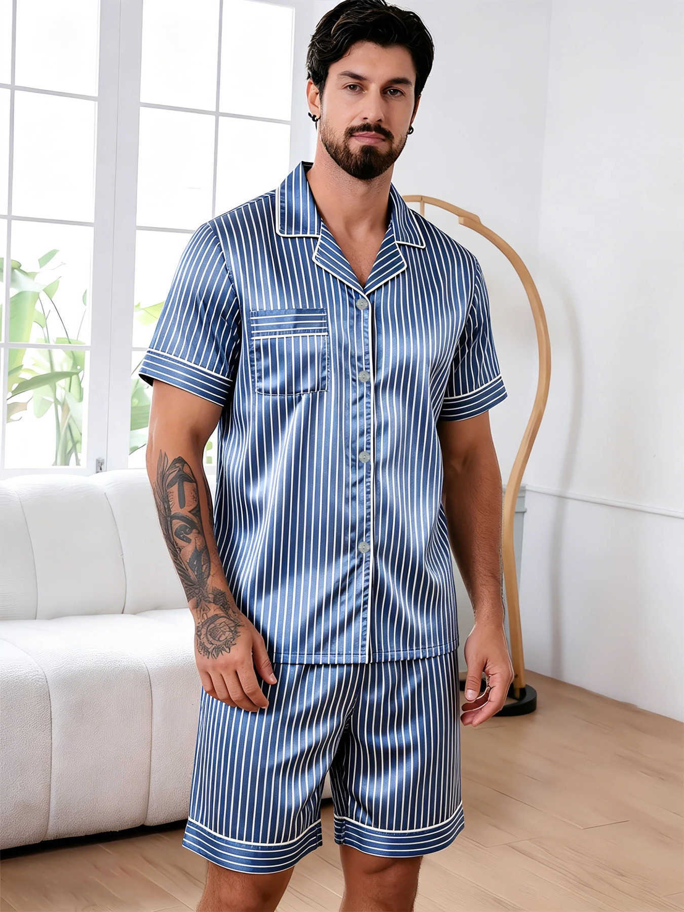Pj Mens Satin Stripe Print n Short Slve Pajama Set Soft Slpwear for Summer Lightweight Homewear Lougewear 260525 S260924IISL