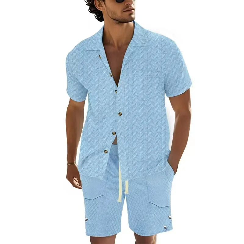Mens Short-Sleeved Sets Summer Solid Loose Casual Suit Beach Style Turn-down Collar Shirts Shorts 2 Piece Sets for Men 260727BJ