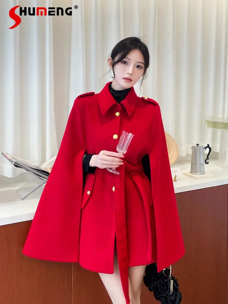 Women's Wool Solid Color Cape Woolen Coats 2026 Winter Fashion High end Single breasted Loose Waist tight Shawl Jackets 45