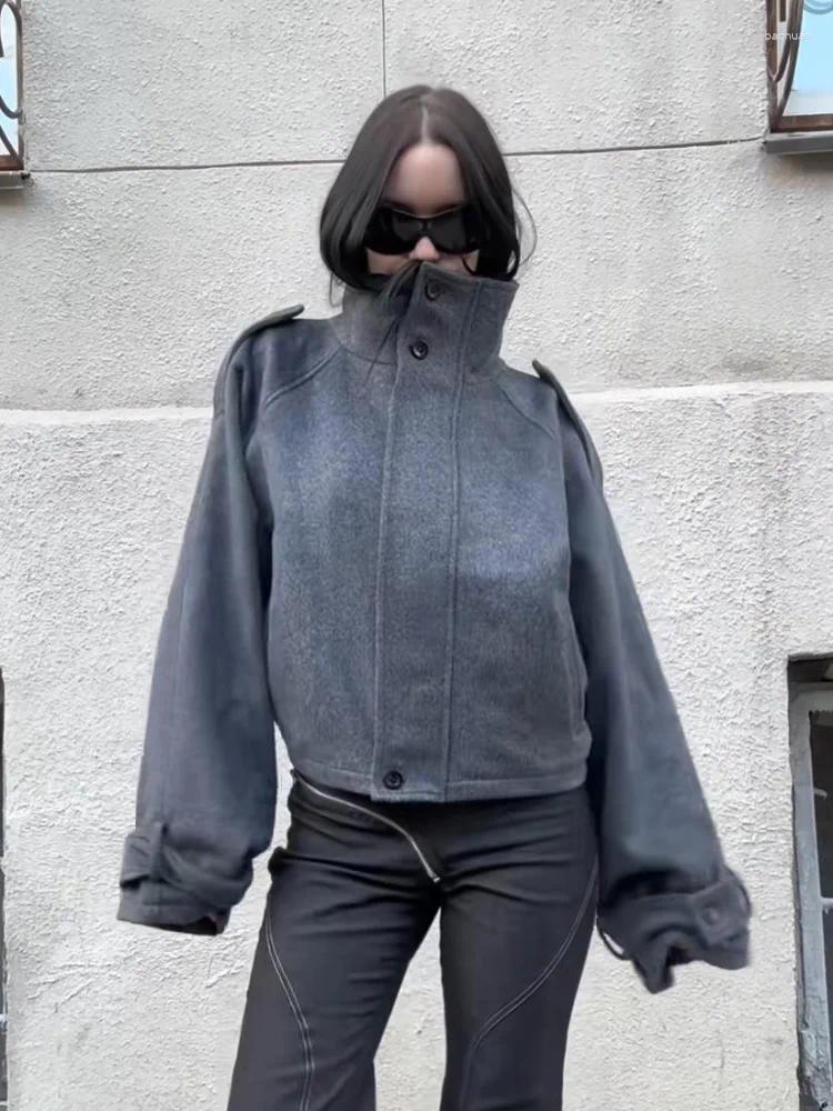 Women's Wool 2026 Spring Autumn Solid Stand Collar Jacket For Women Casual Long Sleeve Female Zipper Lapel Coats Vintage Lady Outwear Street a2