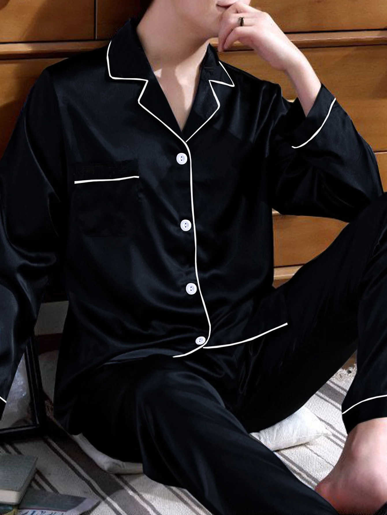 piece Two sets mens pajamas autumn and winter silk satin long slved pants casual simple solid color slpwear set 260525 S260924VEFC