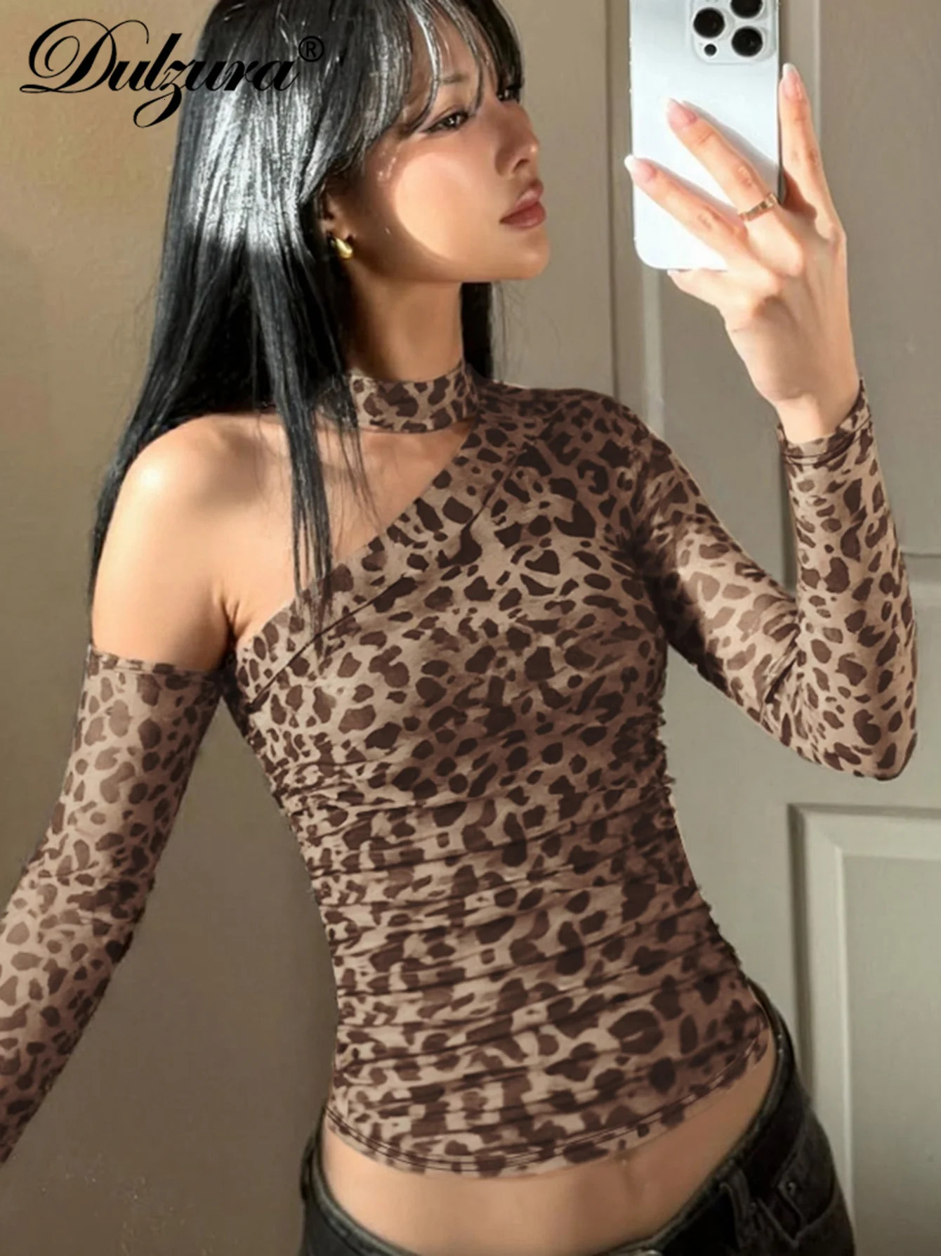Dulzura Inclined Shoulder Long Sleeve Slim Fit Mesh Leopard Print T-Shirt Fashion Sexy Elegant Y2K Top Party Club Summer Clothes 260728