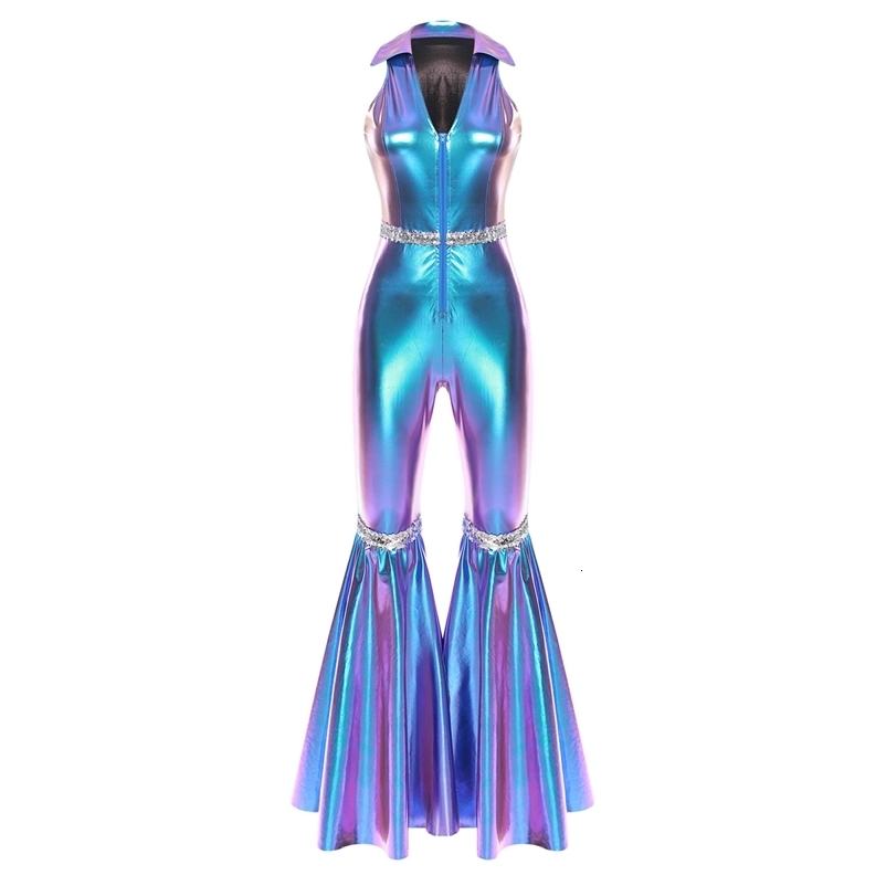 Adult Womens 70s Disco Rompers Lapel V Neck Sleeveless Front Zipper Sequins Bell Bottom Long Pants Jumpsuit Retro Jazz Dancewear 260727BJ
