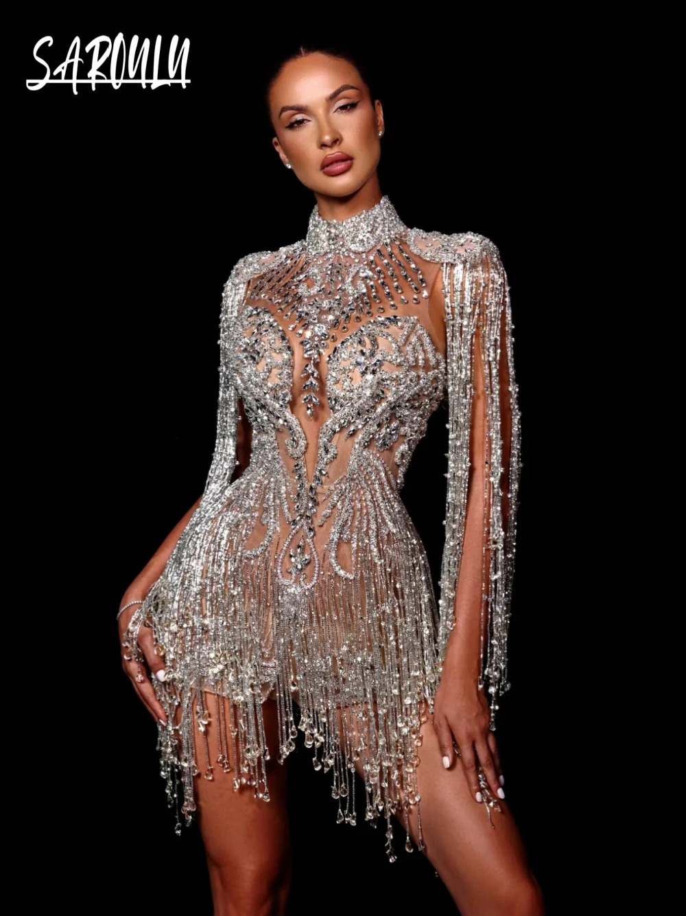 Illusion Beading Tassel Evening Dress Sparkly High Neck Party Prom Gown Stylish Customized Special Occasions Sexy Club Wear 260728BJ
