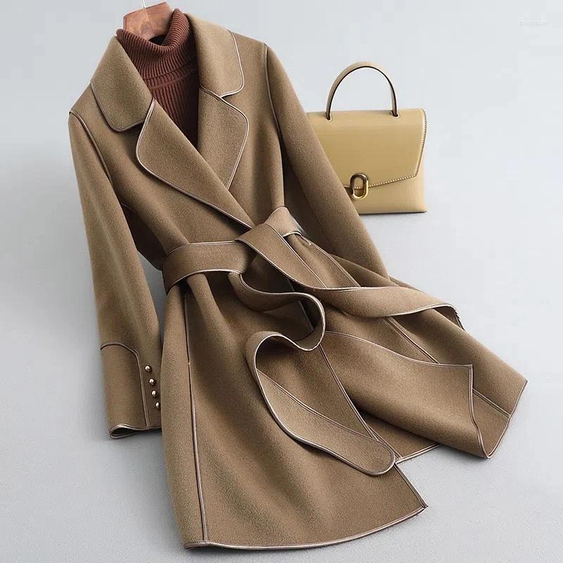 Women's Wool Elegant Mid Length Woolen Coat Fashionable Age Defying Double Faced Tweed Jacket Trendy Open Style Long Sleeve 53