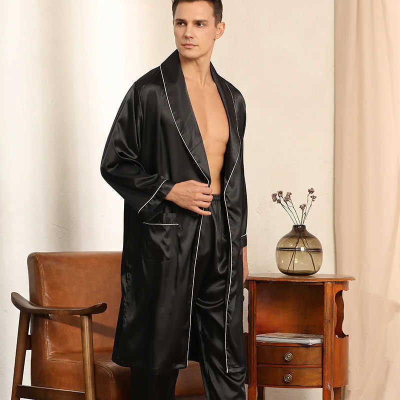 Pigiama Uomo Kimono in raso Abito con pantaloni Camicia da notte sottile Accappatoio in due pezzi Pantaloni Abito estivo Lungo Slve Abbigliamento da