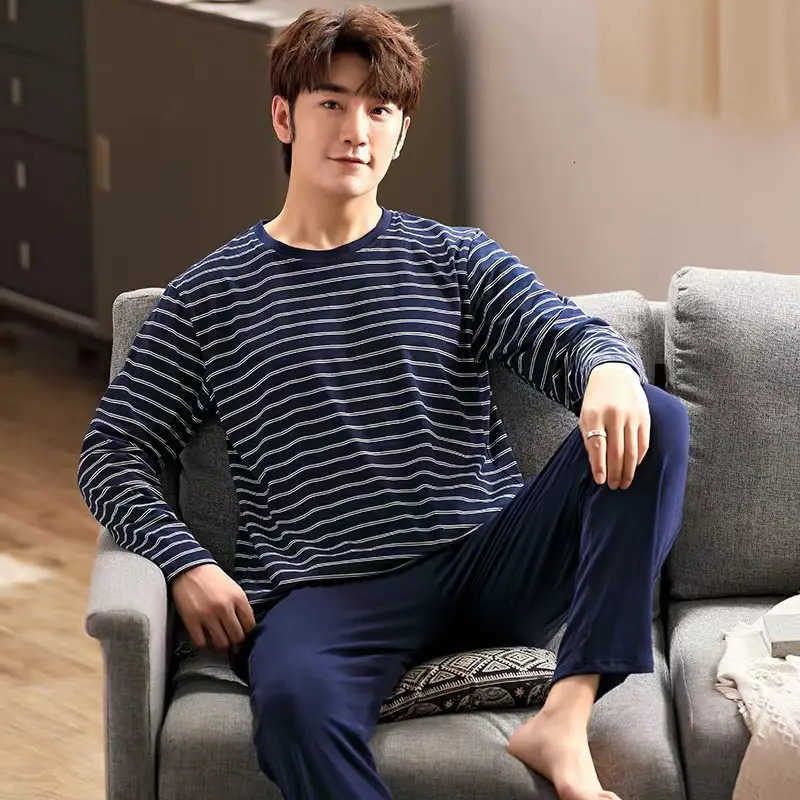 Mens 2PCS Large Striped Pajamas Set Long Slve Knit Acetate and Long Trousers Slpwear S260924QI4Y