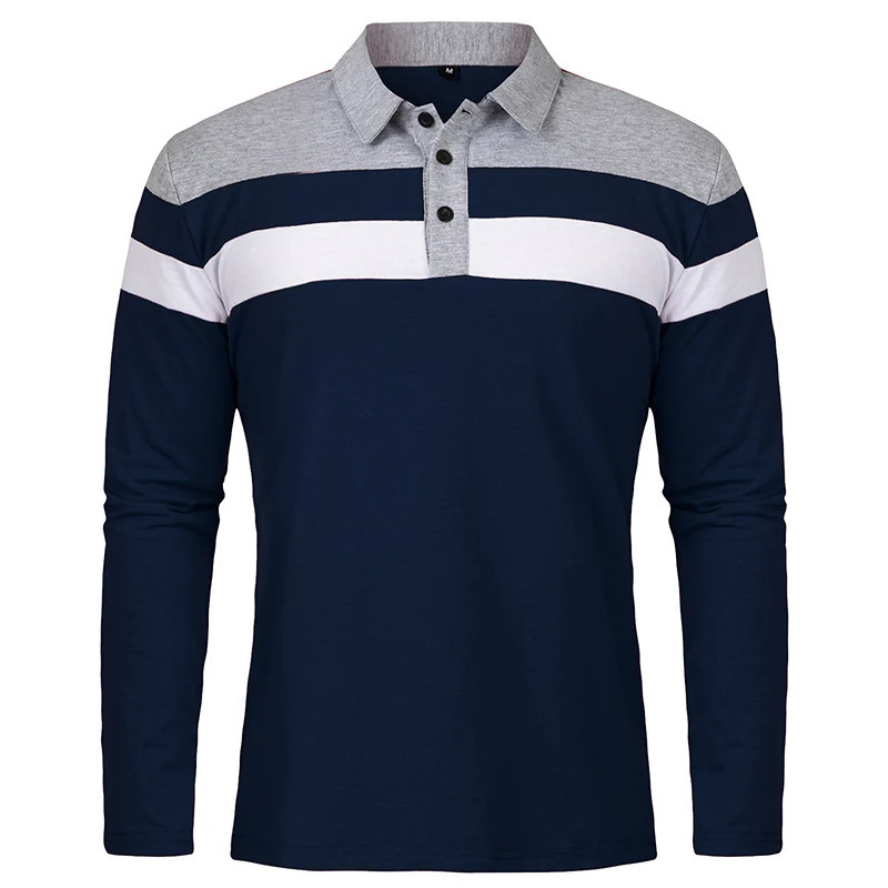 Mens Long Sleeve Shirt Casual Cotton Patchwork Collared Shirt Autumn Striped Pullover Streetwear Golf Button Polo Shirts 260728