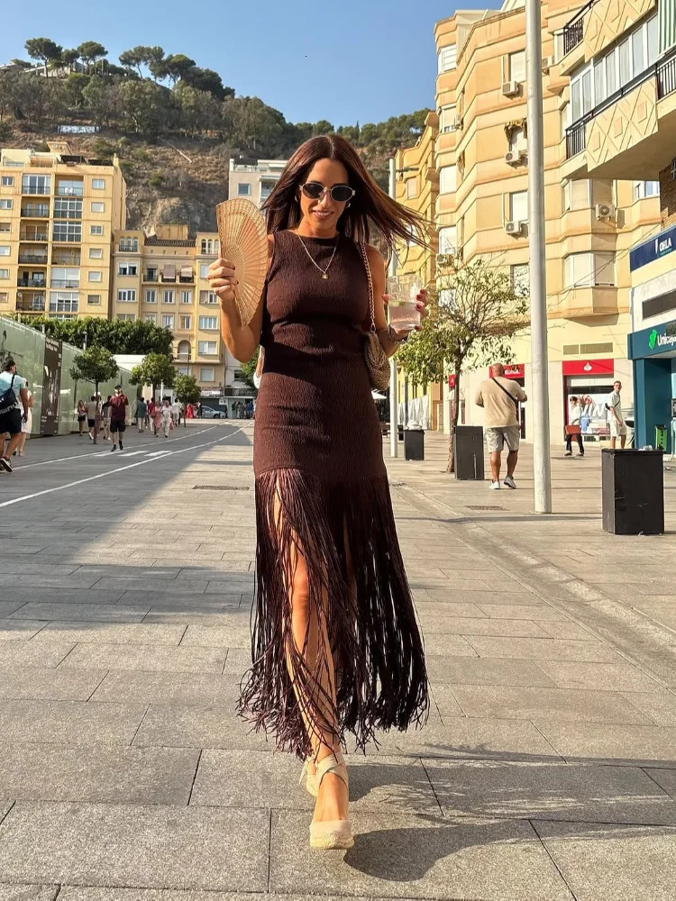 Elegant Sleeveless Fringe Hem Dress Women Sexy Off Shoulder High Waist Bodycon Midi Dresses 2026 Lady Holiday Party Vestidos 260728BJ