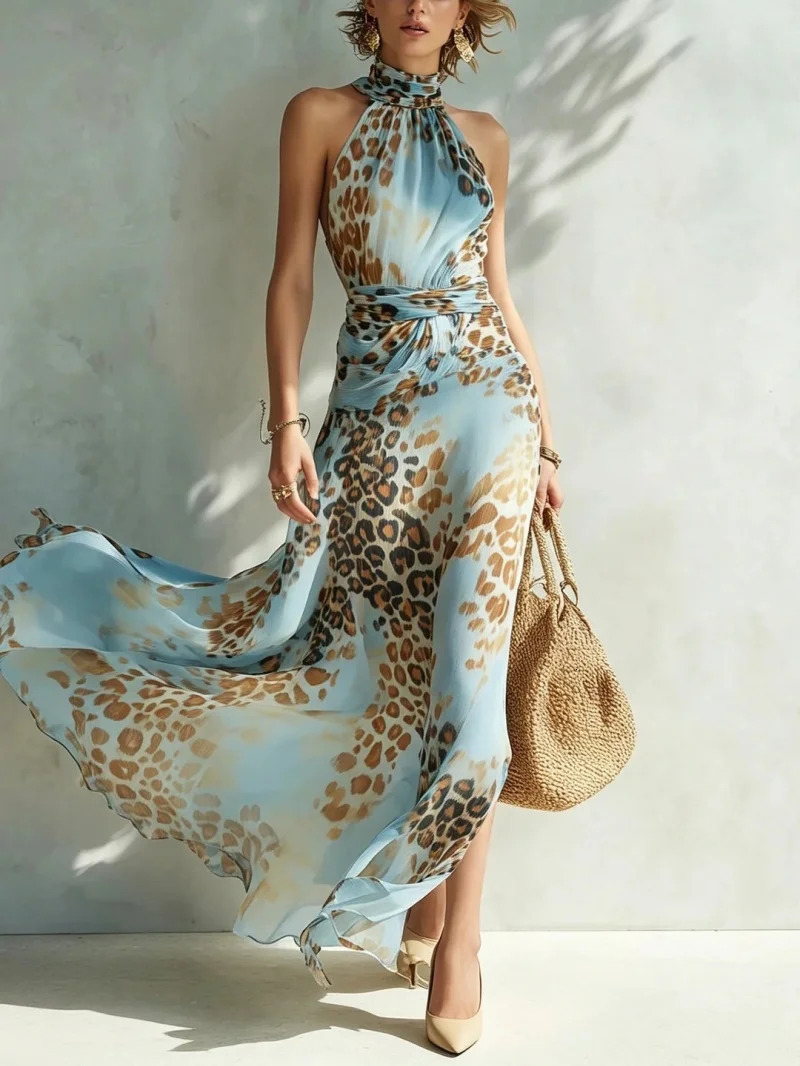 Fashion Leopard Print Dress Summer Clothing Women 2026 Sleeveless Halter Maxi Long Dresses Holiday Evening Irregular Sexy Dress 260727BJ
