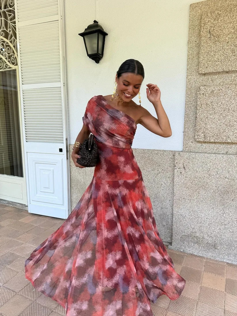 Fashionable Prints Commuting Dress Fashion Womens Off Shoulder Mesh Long Dress Sexy Hollow Out Summer Street Casual Party Dress 260728BJ